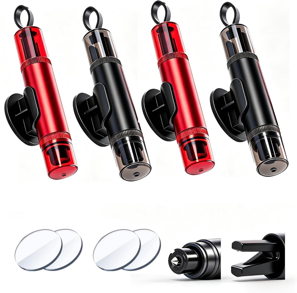 Autoglasbreker - Auto Noodhamer en Gordelsnijder - 4 Stuks 2-in-1 Ontsnappingssleutelhanger - Doorzichtig Deksel - Gereedschap voor Onderwater - Nieuwe Auto-accessoires - Compact Veiligheidsgereedschap - Rood, Zwart,