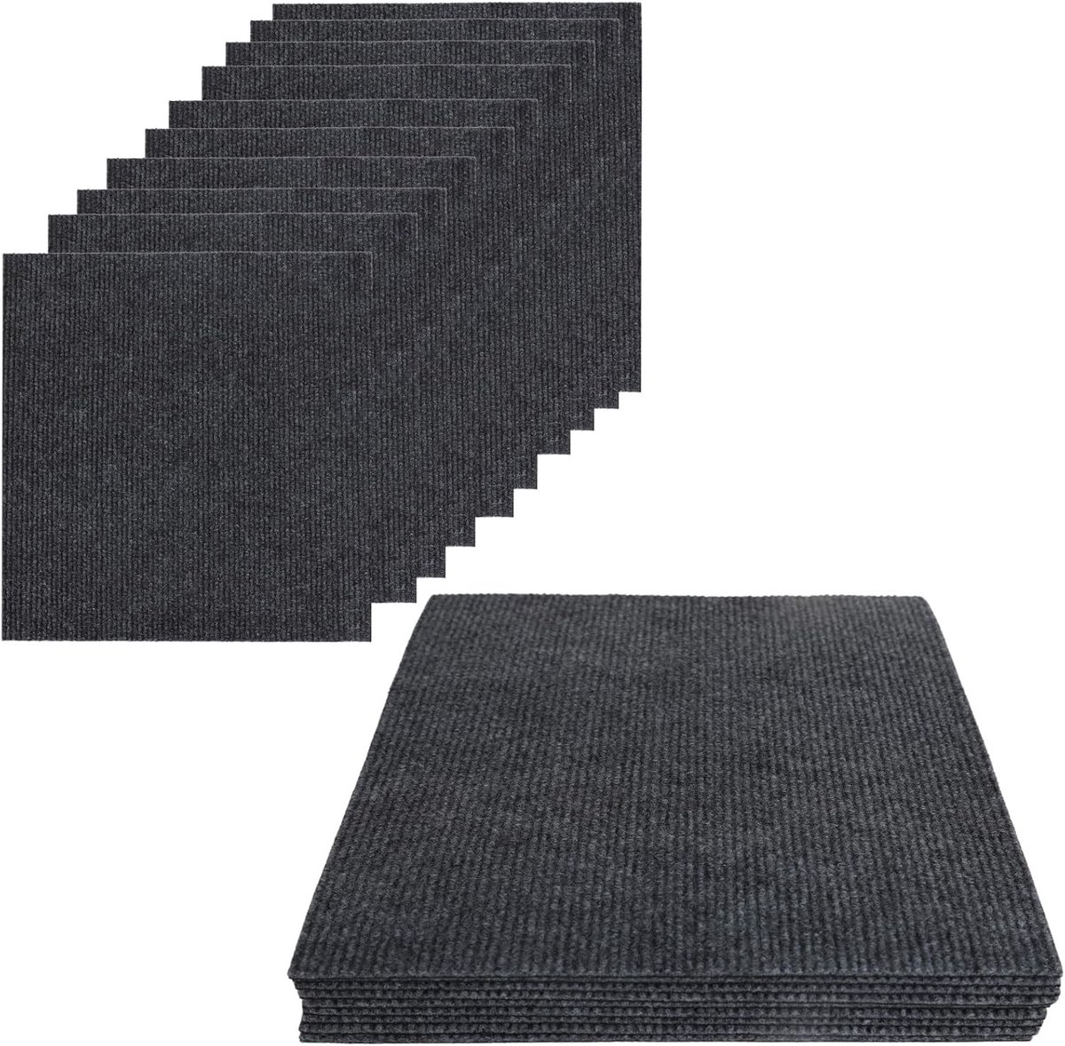Set van 10 Zelfklevende Tapijttegels 30 x 30 cm, 9 m², Antislip Binnenvloermatten, Vilt voor Kantoor en Commercieel Gebruik (Donkergrijs)