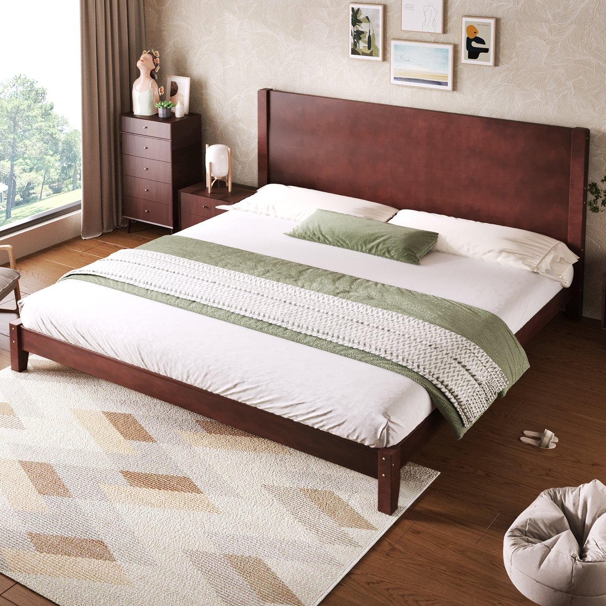 DESMIU Bed 180x200cm – Platformbed Met Hoofdbord – Met Lattenbodem – Zonder Matras – Voor Slaapkamer/Gastenkamer – Hout En MDF – Bruin