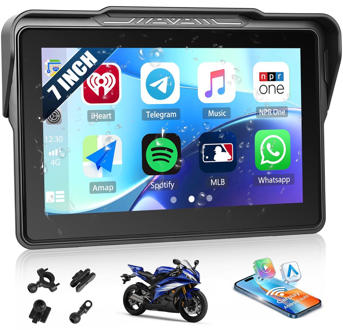 SnelShoppen - CAMECHO 7 inch Draadloze Motorfiets Navigatie, Carplay Android Auto, IP67 Waterdicht HD Touchscreen, Dual Bluetooth met Google Assistent