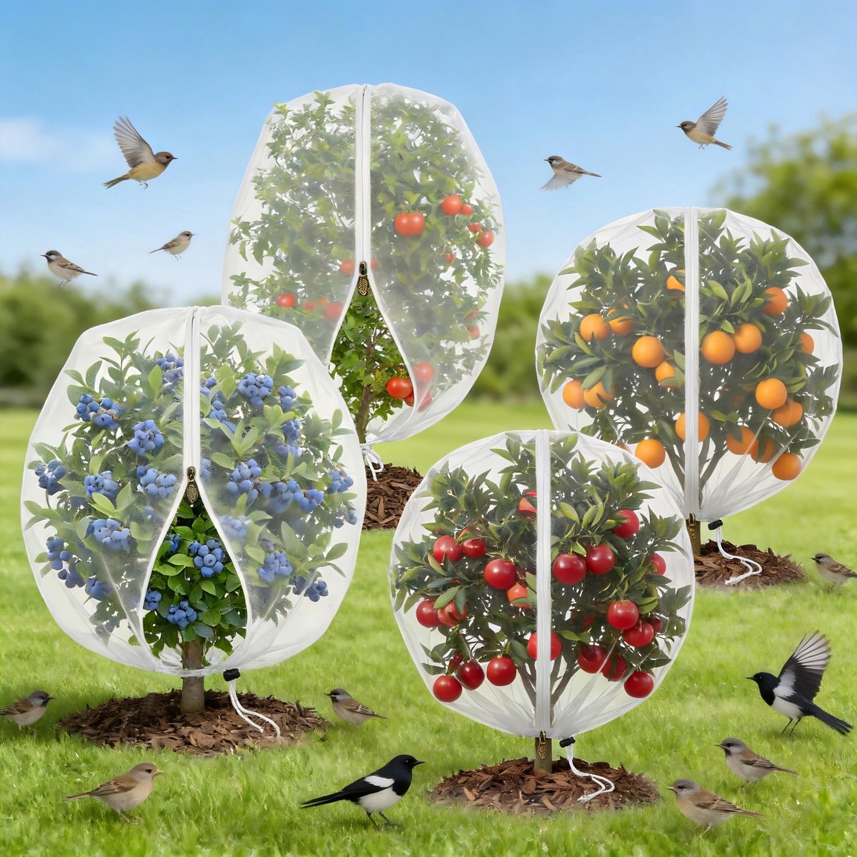 SnelShoppen - 4 Stuks Tuinplantenbeschermers met Trekkoord voor Tomaat, Bosbessenstruiken, Dieren, Gaas, Barrièrezakken voor Vogels, Groenten, Bloemen
