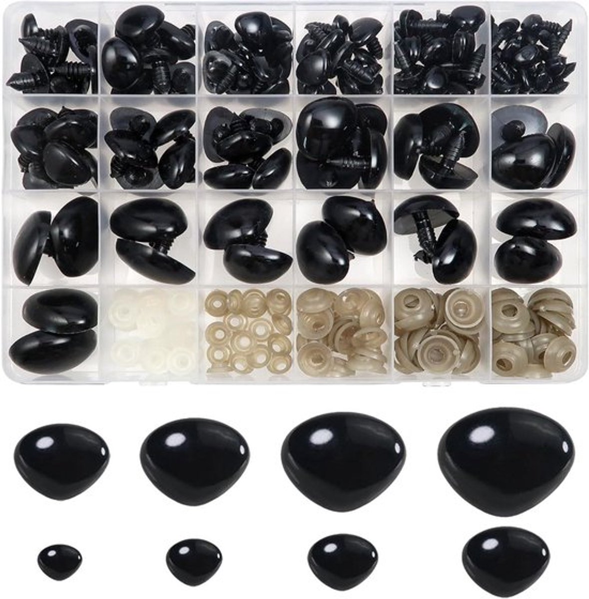114 stuks Veiligheidsneus met Sluitringen - Zwart Kunststof Poppenneus - 9 tot 29 mm - DIY Knutselen - Handpoppen - Pluche Poppen