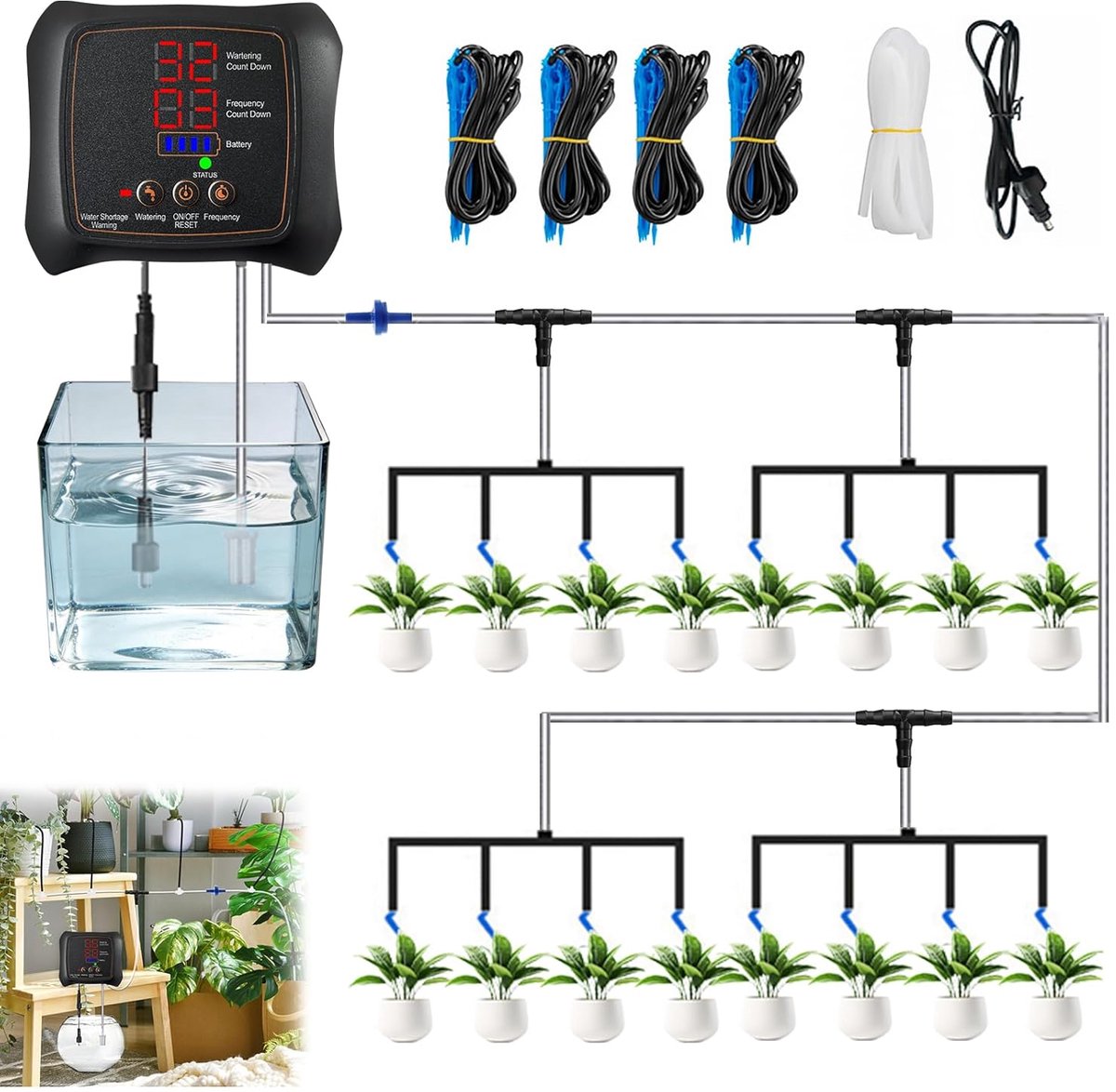 SnelShoppen - Automatische Bewateringssysteem voor Kamerplanten, Irrigatiesysteem met Timer, 3 m Buis, Anti-Sifon, 16 Druppelaars, Voor Binnen, Tuin e