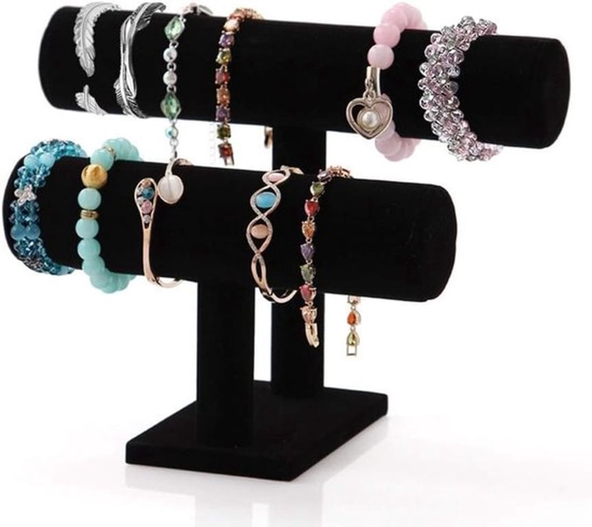 Elegante 2-laagse Velours Sieradenstandaard - T-Bar Organizer voor Armbanden, Kettingen en Horloges (Zwart)