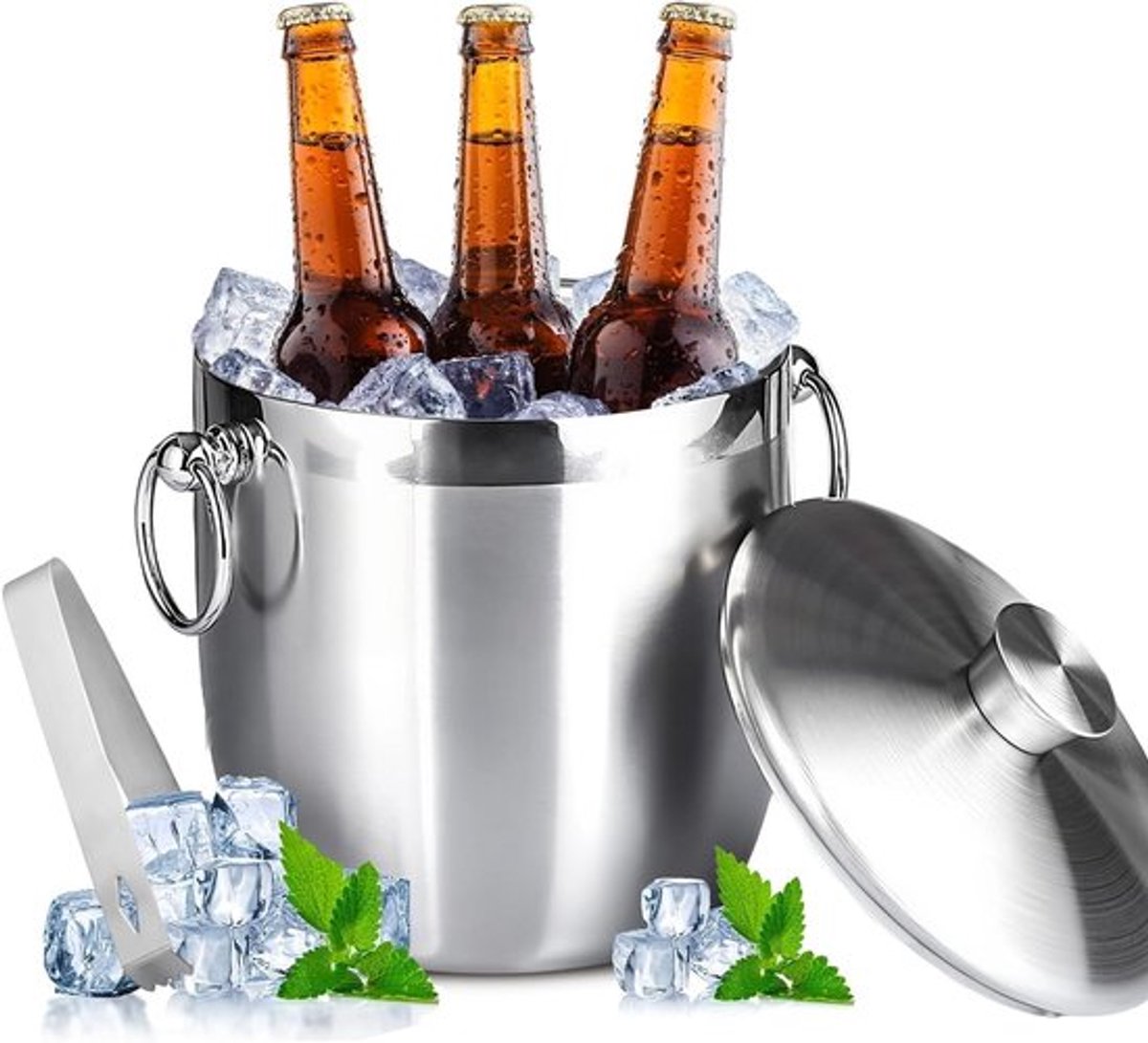 Rvs IJs-emmer met Deksel, Zeef en Tang - Ideale Koeler voor Drankjes, Bier en Champagne op Feesten