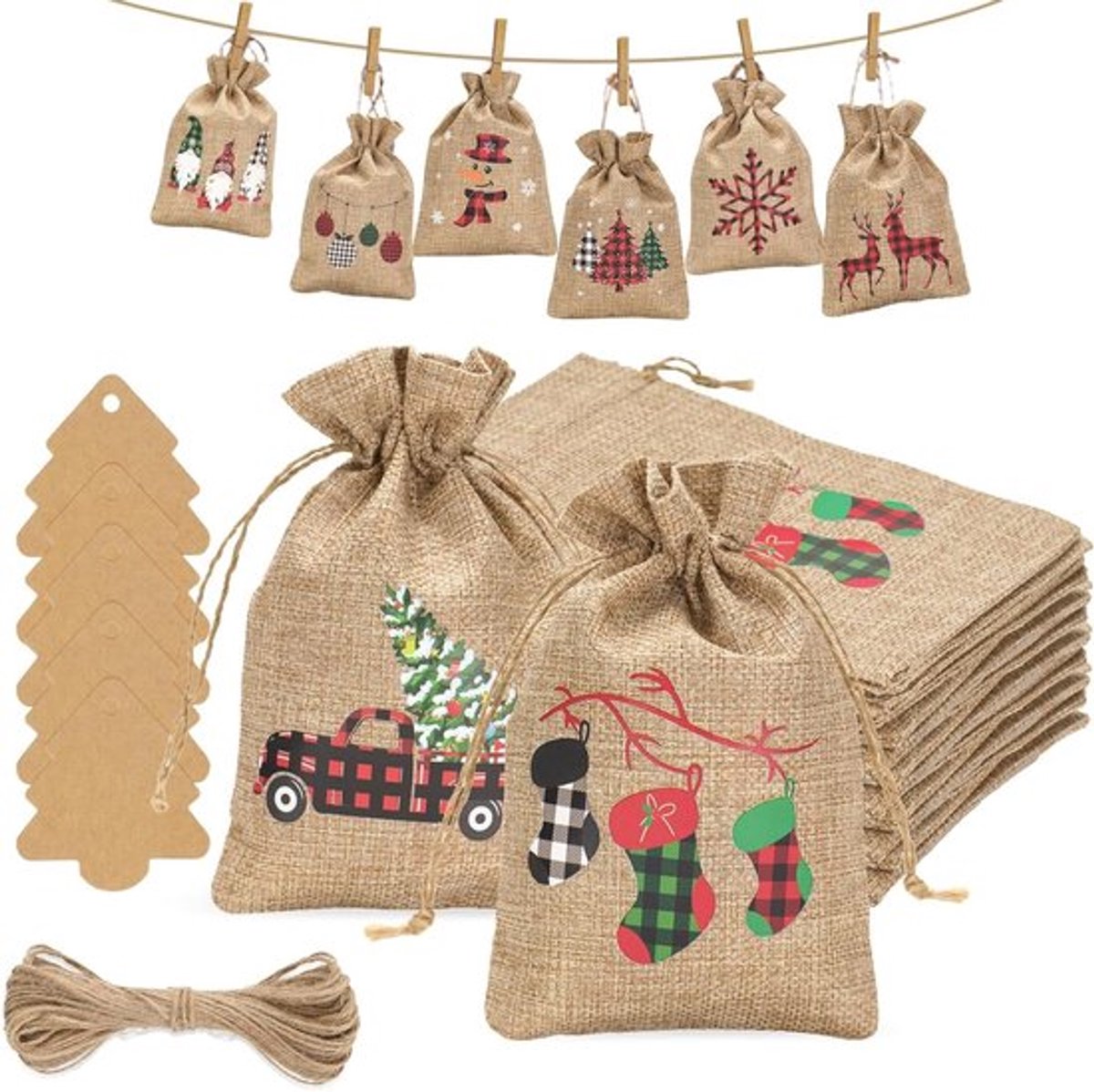Grote Adventskalender Set van 24 Jute Tassen 13 × 18 cm voor Kerstdecoratie en Cadeaus met Boomvormige Hanger