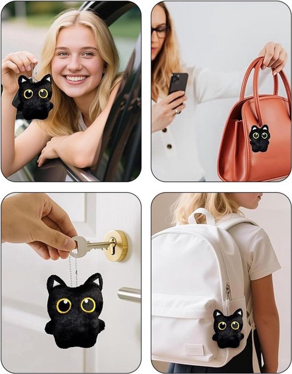 Pluche zwarte kat hangers - set van 2, schattige sleutelhangers voor rugzak met kat-motief