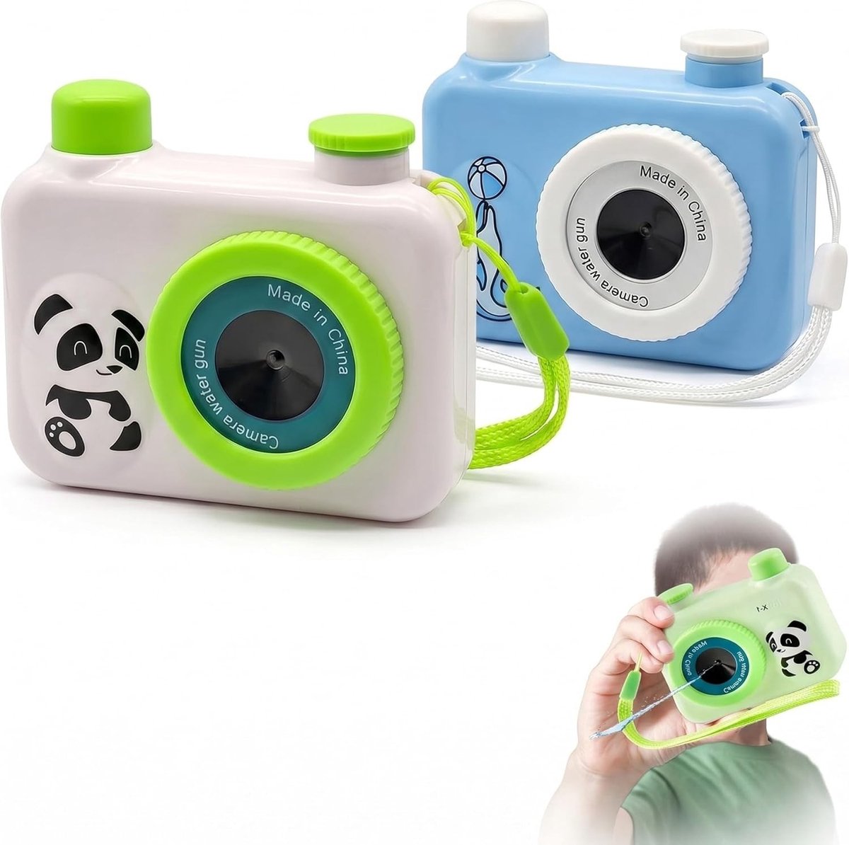 Waterpistool voor kinderen in camera ontwerp, blauw en wit, ideaal voor strand, zwembad en zomerse feestjes.