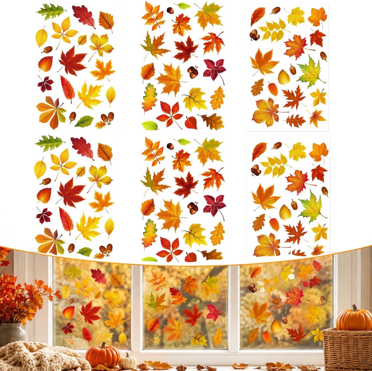 Halloween Raamstickers – Dubbelzijdige Statische Glasstickers met Esdoornbladeren en Eikels – 9 Vellen, 174 Stuks – Halloween Herfstdecoratie voor Ramen, Thuis, School en Kantoor