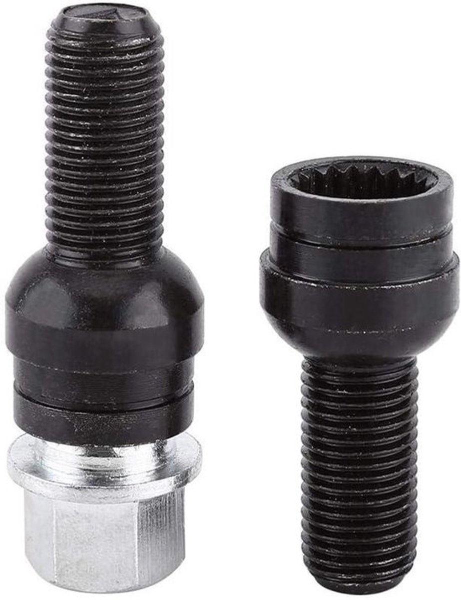 Set van 4 wielbouten en slotmoeren M14 x 1,5 mm van zwart staal met reservesleutel