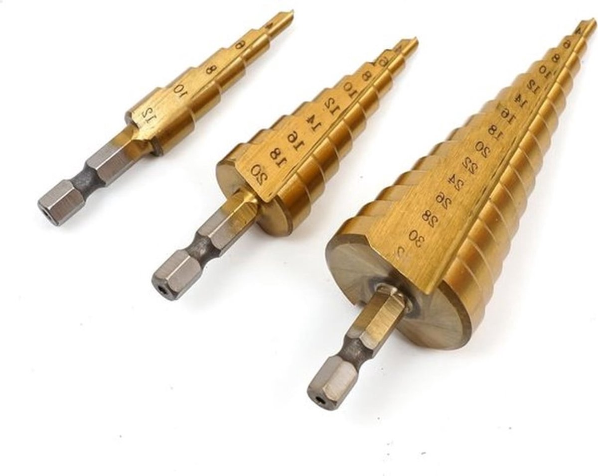 Schilfboorset voor dunboor en conusboor - 3 stuks HSS TiN trapboorset (4-12/4-20/4-32)