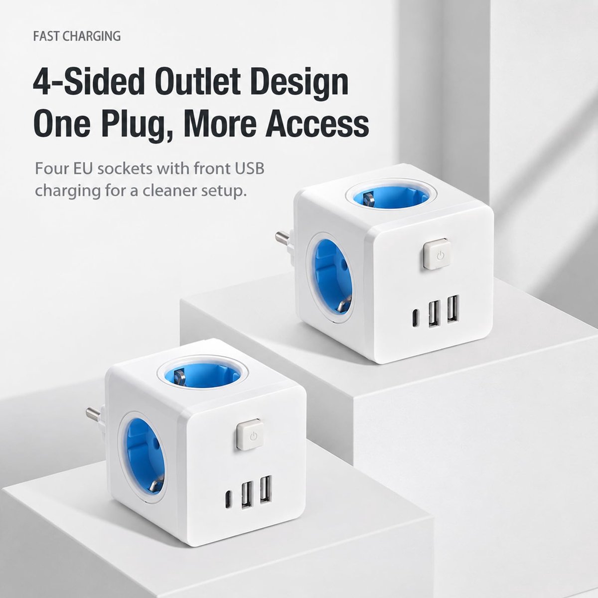 SnelShoppen - Kubus-stekkerdoos met USB-C, 2500W-verdeelstekker, 4 EU-stopcontacten, 3 USB-poorten, hoofdschakelaar voor thuis, kantoor en reizen