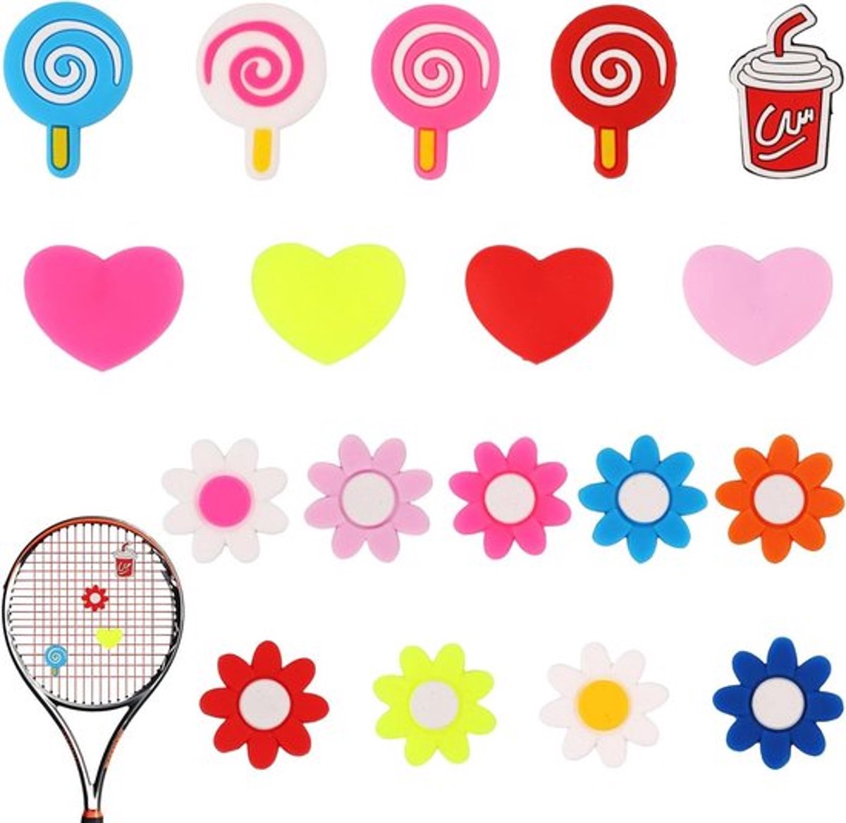 Trillingsdempers voor Tennisrackets - Set van 18 Stuks, Siliconen Schokdempers met Zonnebloemmotieven - Tennis Accessoires voor Dempen Trillingen - Geschikt voor Snaren