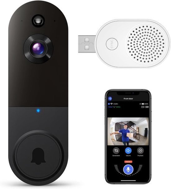Zwarte slimme deurbel, witte luidspreker en een smartphone die een man met pakket toont.