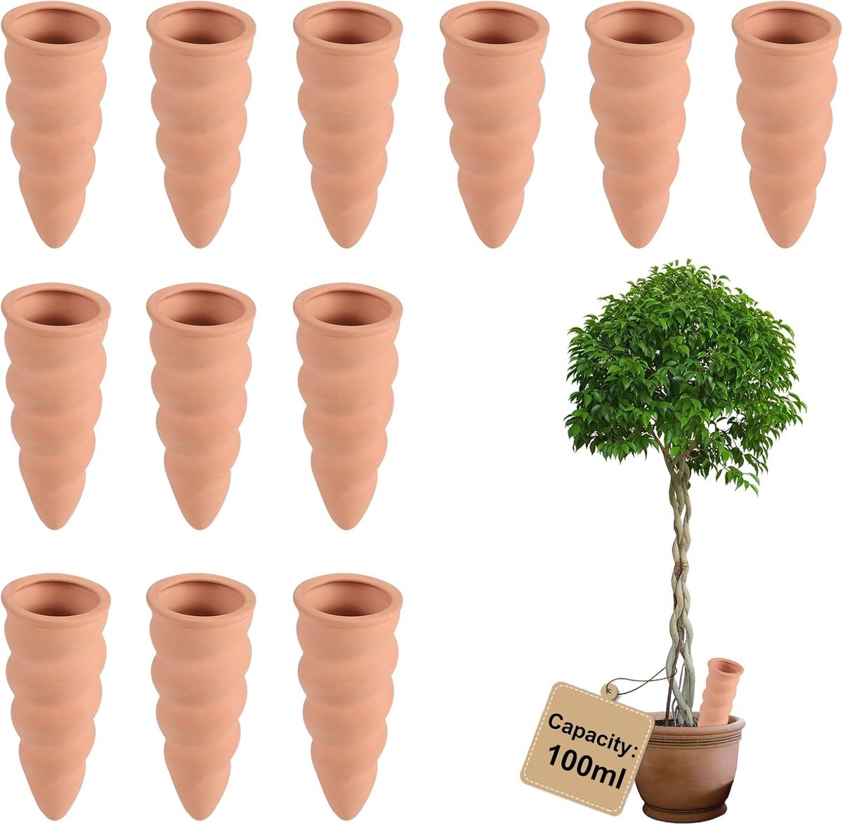 SnelShoppen - 12 x 100 ml Oyas Irrigatie Kegels voor Automatische Waterdispenser, Terracotta Gieter voor Kamerplanten, Tuin en Moestuin, Voor Bloemen
