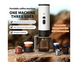 Draagbaar koffiezetapparaat 3-in-1 Wit - Oplaadbaar, draagbaar reiskoffiezetapparaat - 12V espressomachine voor capsule-Capaciteitsupgrade -CNC - Verhoogde capaciteit-gemalen koffie en koffie cups - voor kamperen, reizen, kantoor, auto en thuis