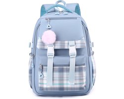 Grote Rugzak - Grote Geruite Schoolrugzak (Voor 9-18 jaar) - Schooltas Kind Meisjes - Verstelbare Schouderbanden - Schattig - Lichtgewicht Schooltas - Voor Meisjes, Kinderen en Vrouwen - Blauw