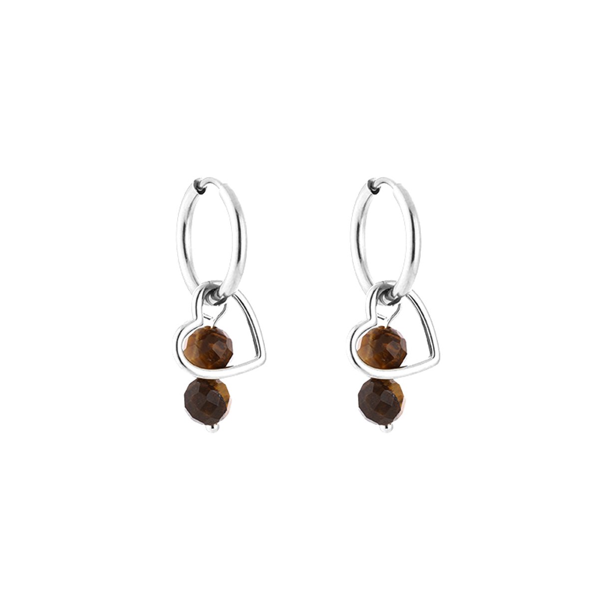Stainless Steel Gemstone Beads & Open Heart Charm Hoops – Luxe Natuursteen & Open Hart Oorringen – RVS - Zilver