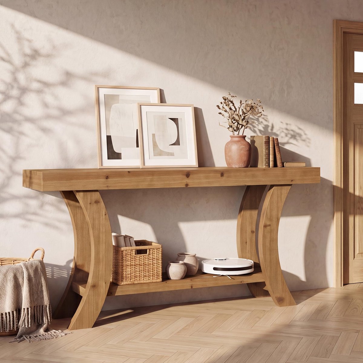 LITTLE TREE Smalle Halplank - Consoletafel - Massief hout - Bruin - Landelijke stijl - 160 cm - Gebogen frame met opbergruimte voor ingang en woonkamer