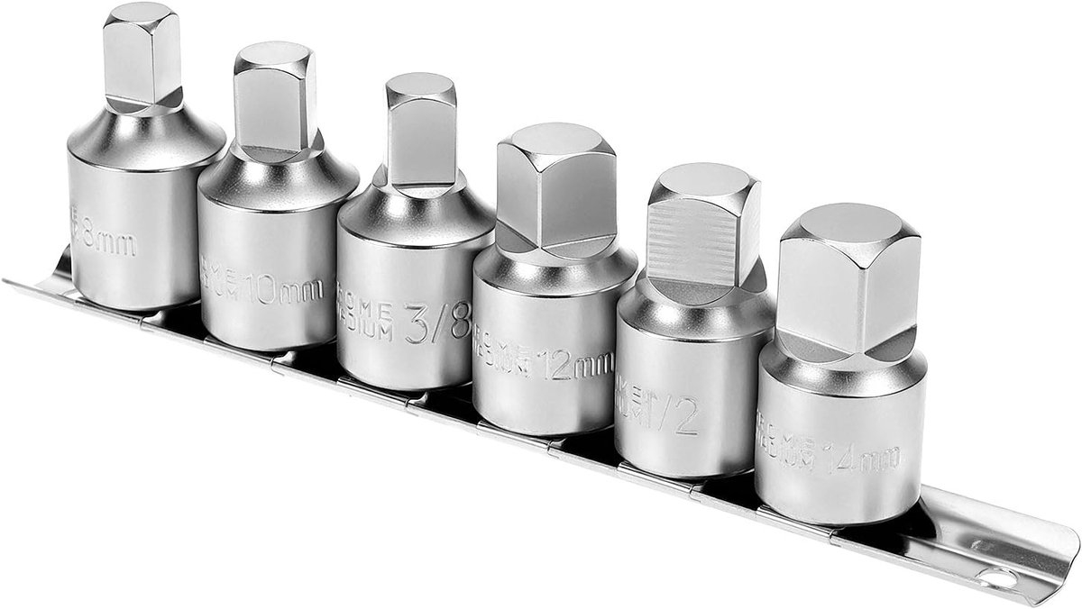 6-delige oliedrain sleutelset met 1/2" aandrijving en maten 8mm, 10mm, 12mm, 14mm, 1/2" en 3/8" voor olie service en onderhoud