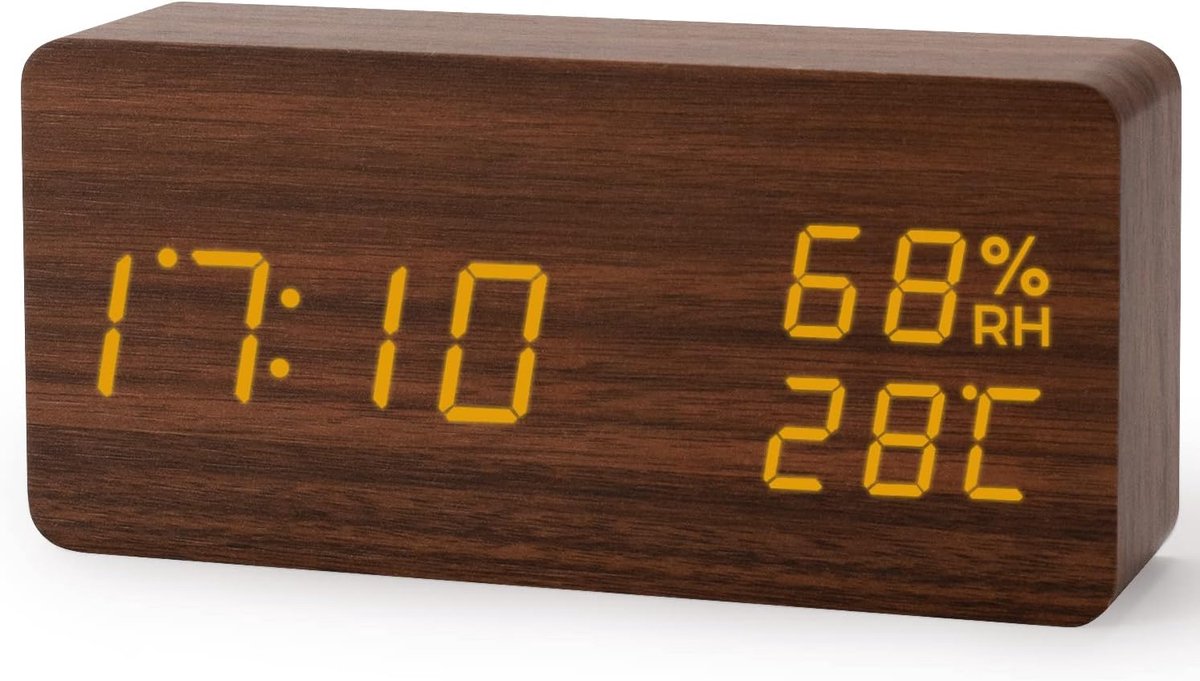 SnelShoppen - Digitale Houten Alarm Klok LED - 12/24 Uur Instellingen - Tafelklok met Stembesturing, Datum, Temperatuur & Vochtigheid - USB Oplaadpoor
