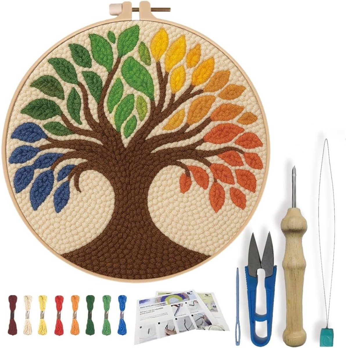 Boom van Leven Punch Needle Set voor Beginners - Borduurset met Instructies, Borduurhoepel en Decoratiegeschenk, 20 cm