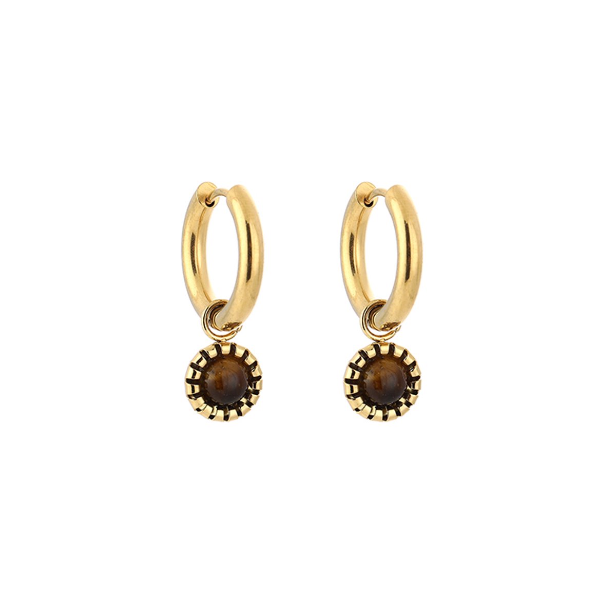 Stainless Steel Bezel Set Gemstone Charm Hoops – Luxe Natuursteen Bedel Oorringen – RVS - Koffie Bruin