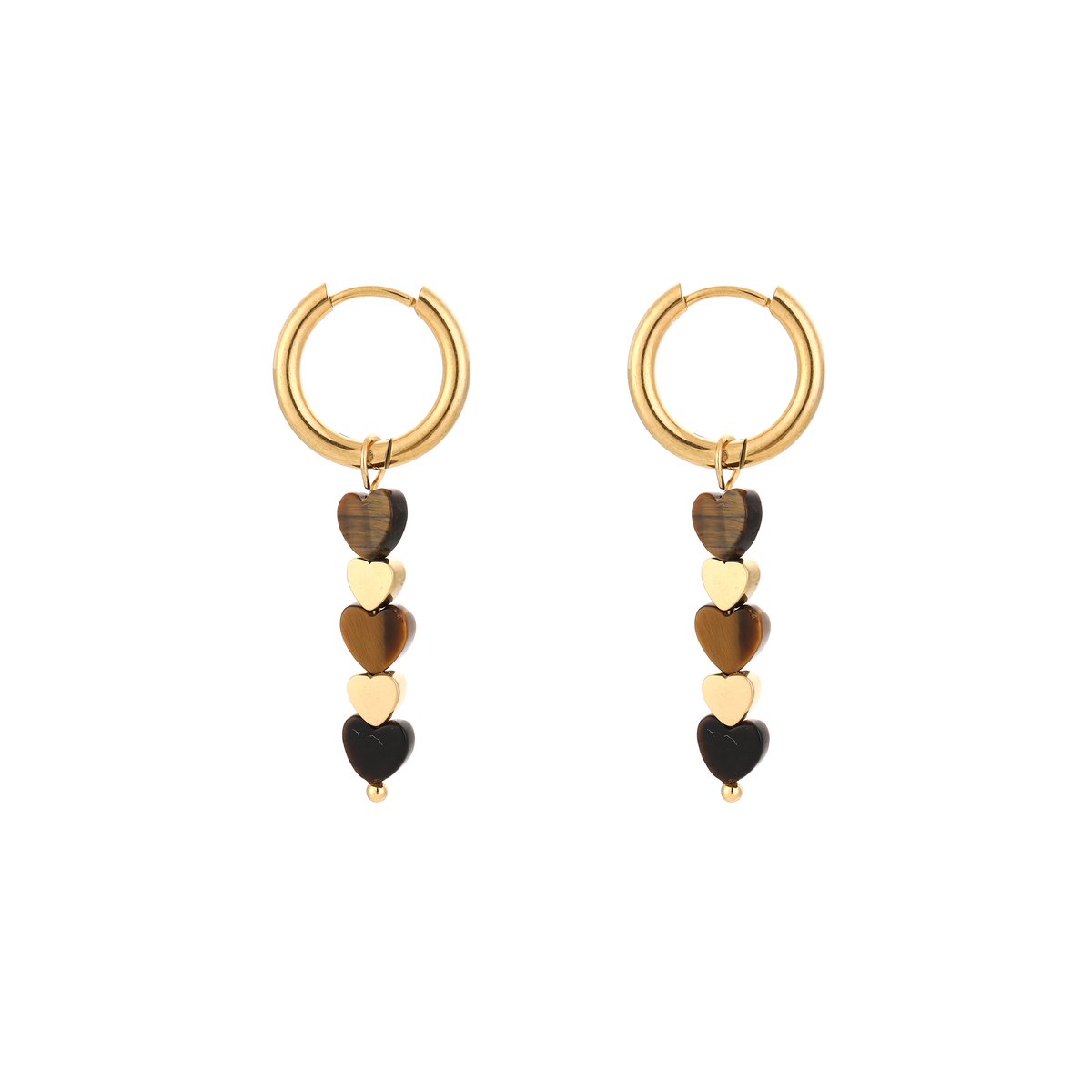 Stainless Steel Tiered Hearts Cascade Charm Hoops – Luxe Gelaagde Hartjes Cascade Oorringen – RVS - Bruin