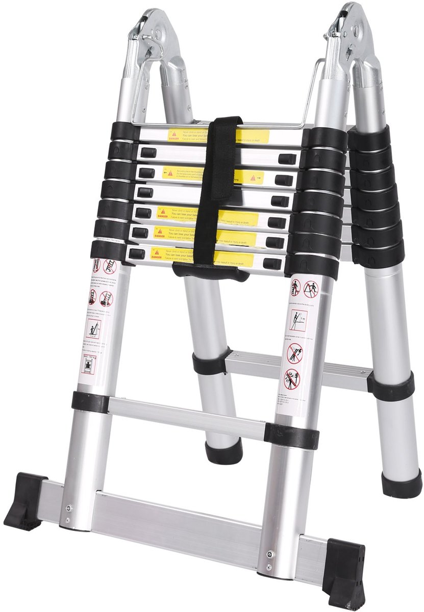 SnelShoppen - Telescopische Vouwladder 5 m Aluminium, Draagbaar met 16 Antislip Treden, Belastbaar tot 150 kg, Ideaal voor Binnen en Buiten