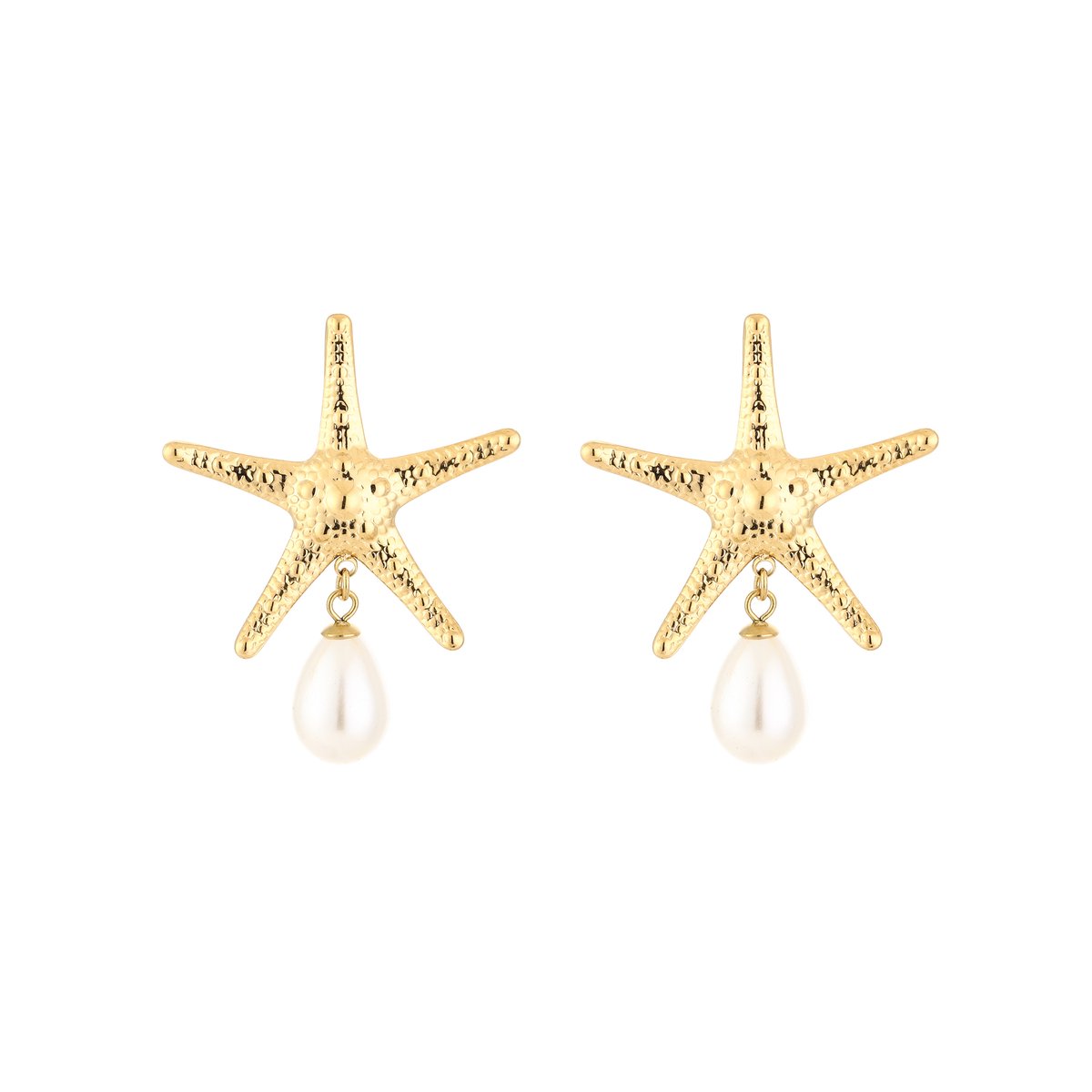 Stainless Steel Textured Starfish & Pearl Stud Earrings – Luxe Getextureerde Zeester & Parel Oorstekers – RVS - Goud