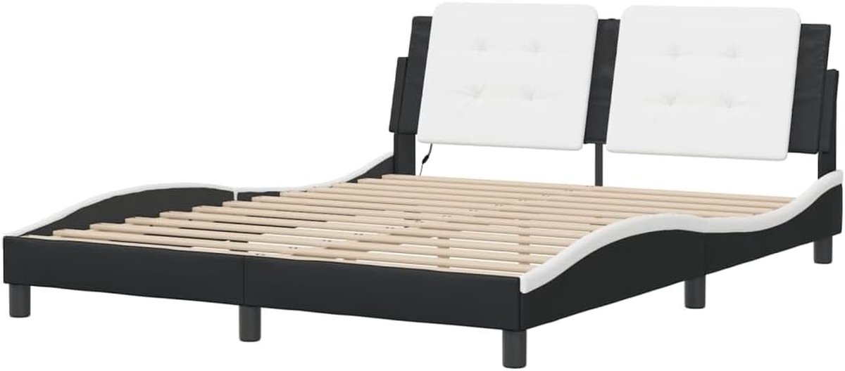 Bedframe met LED - Tweepersoonsbed Omouw - Comfortabel Slapen - Hoofdbord met Ondersteuning - 160x200 cm - Zwart en Wit