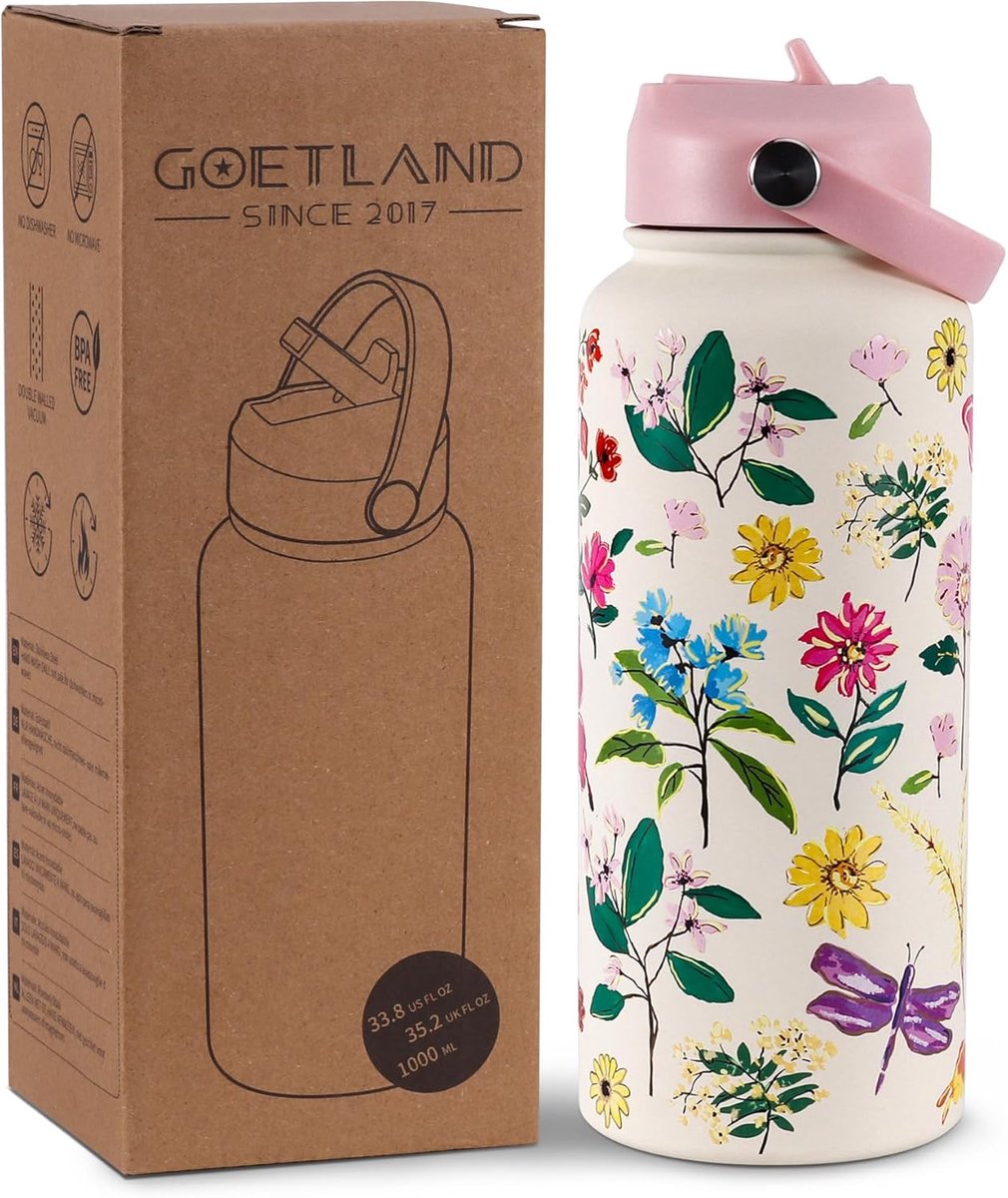 Thijox - Goetland Bloemen Thermosfles 1L - Vacuüm Drinkfles met Rietje - Dubbelwandig BPA-vrij 304 RVS - Houdt Dranken tot 12 Uur Koud en 24 Uur Warm
