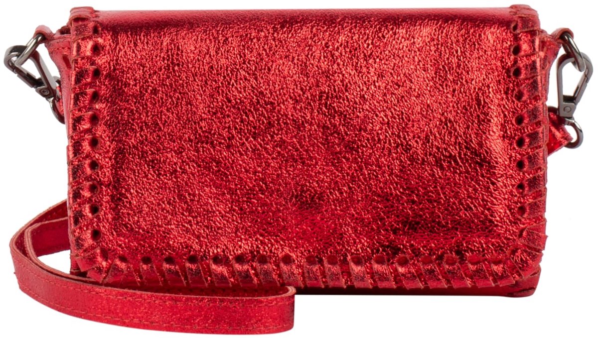 SnelShoppen - Dames handtas van metallic leer, schoudertas, clutch, rood, gevlochten rand, ideaal voor avonden en feestjes