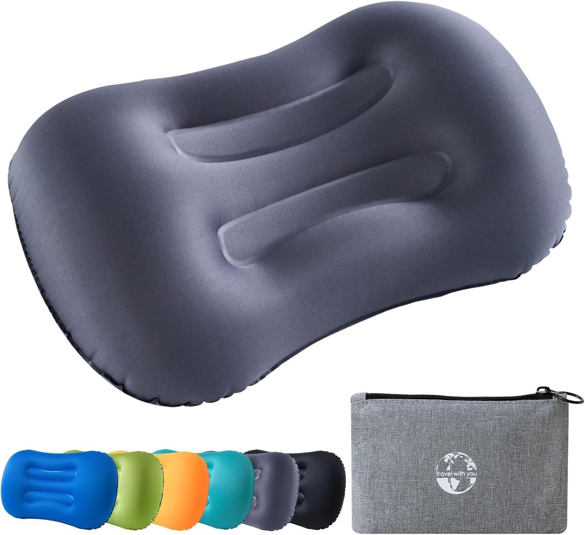 Kampeer Kussen - Opblaasbaar Reiskussen - Comfortabel Slapen - Ergonomische Ondersteuning - 45 x 32 x 10 cm - Grijs