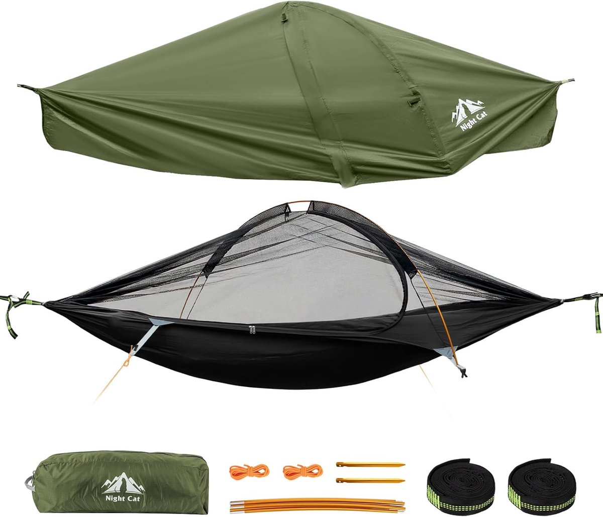 SnelShoppen - Night Cat Hangmat Outdoor met Muggennet en Tarp XXL Weerbestendig voor 1 Persoon Trekking Camping Buiten Bos