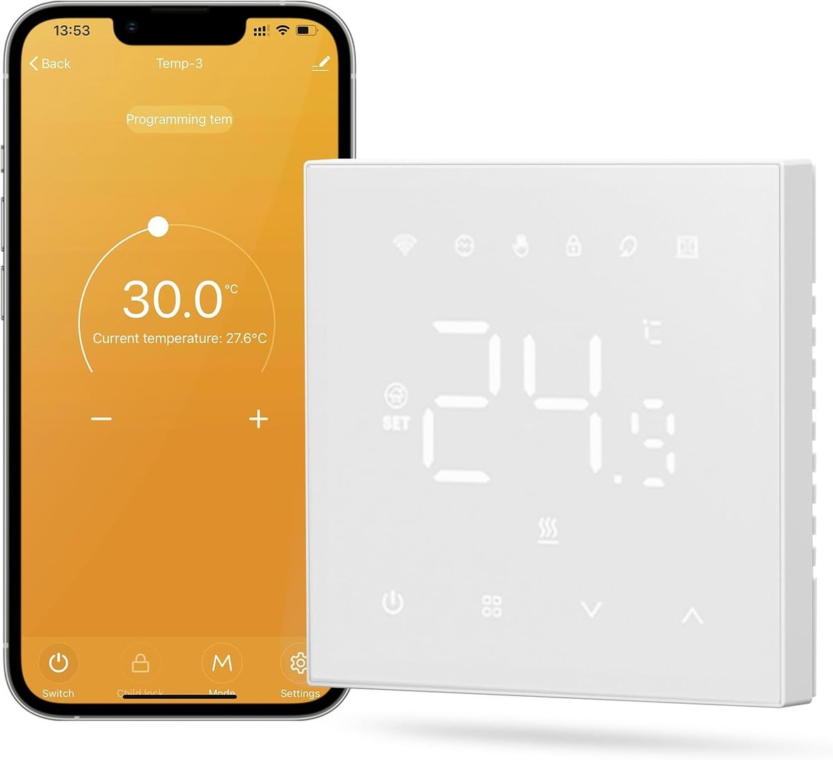 SnelShoppen - Slimme Thermostaat voor Vloerverwarming, Wifi, Digitale Verwarmingsthermostaat, Compatibel met Alexa en Google Home, Waterbestendig, Per