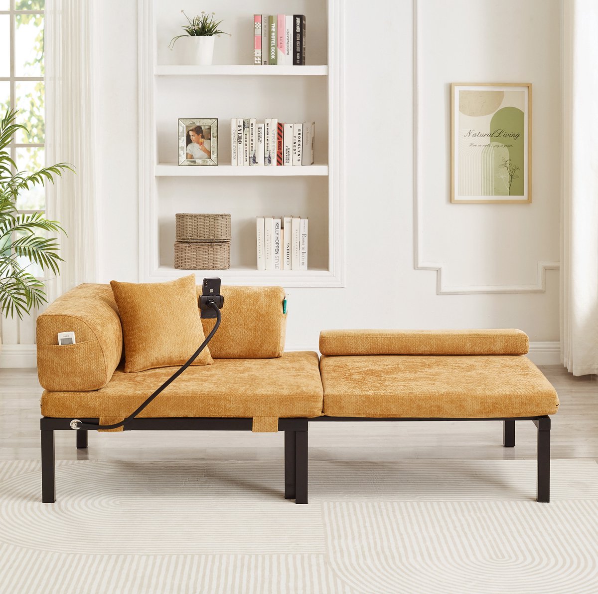 DESMIU Slaapbank 176x81 cm – 1-zits Uitklapbare Bedbank Met Uitschuifbed – Ruimtebesparend Voor Woonkamer Of Werkkamer – Fluweel – Geel