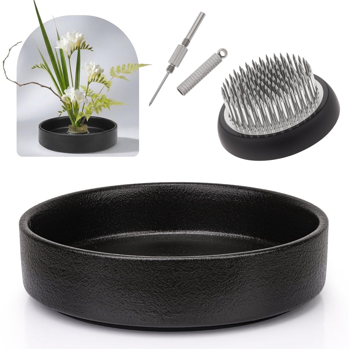 SnelShoppen - Grote Zwarte Japanse Ikebana Schaal voor Bloemstukken - Keramische Bloemenvaas Kit voor Binnen en Buiten - Perfect voor Tuin, Woonkamer