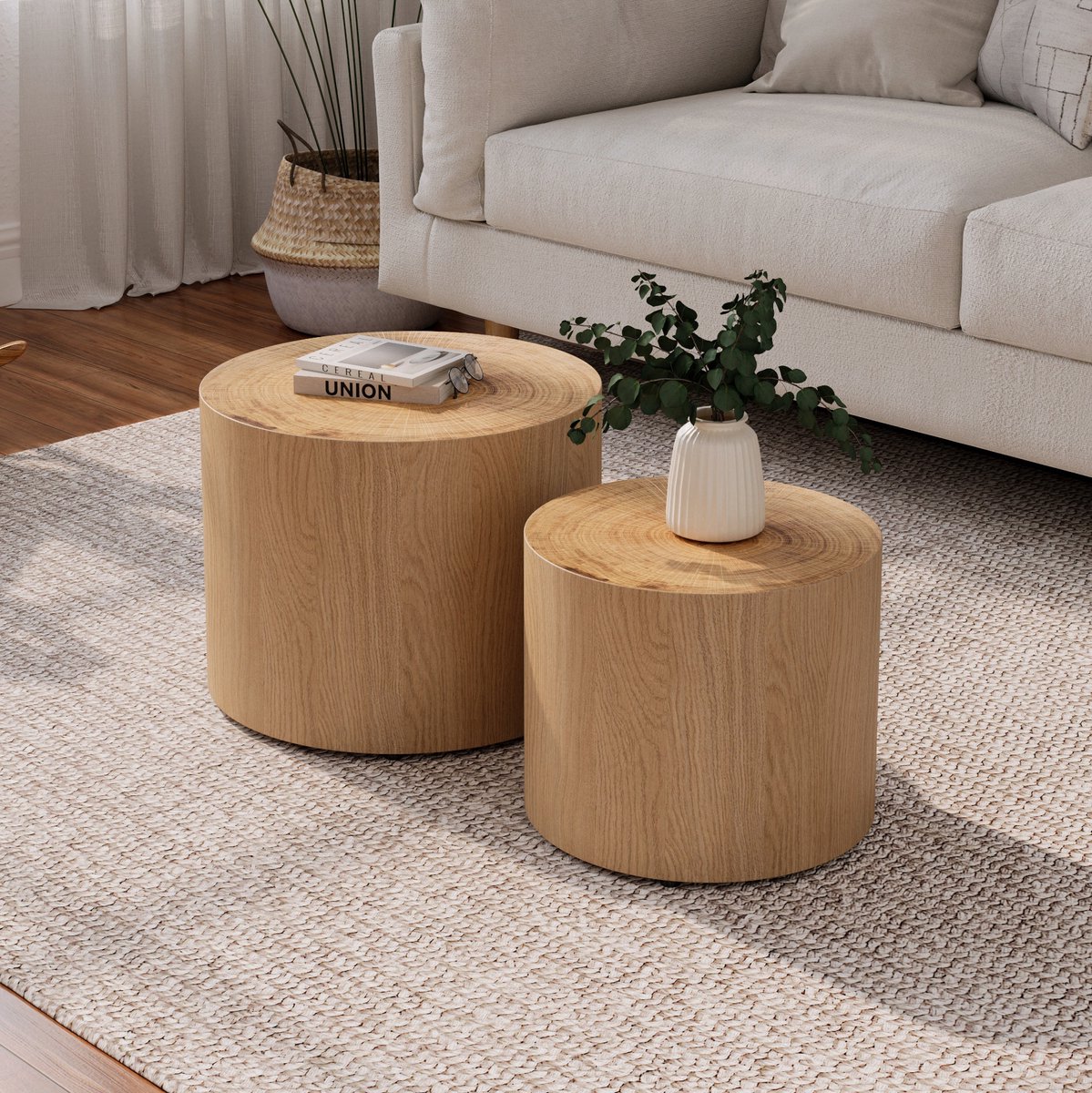 DESMIU Salontafel - Nestbare Ronde Tafelset Van 2 - Voor Woonkamer, Slaapkamer En Balkon - MDF Met Houtfineer - Naturel - 48x48x38 Cm Naturel hout