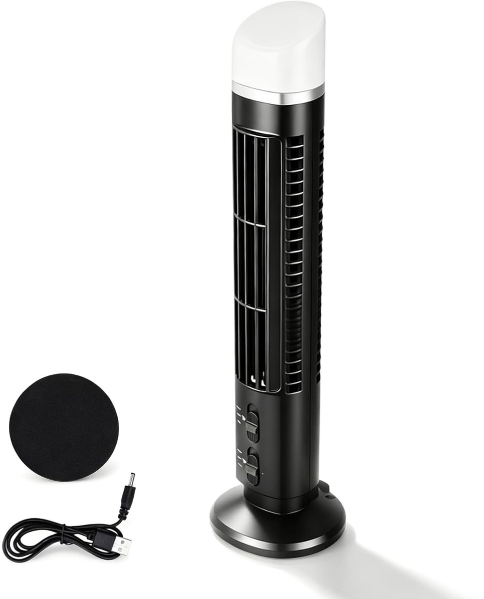 SnelShoppen - Torenventilator zonder bladen, 10,4 x 33 cm, USB, bureauventilator, draagbare koelventilator, stil met licht, luchtkoeler voor binnen en
