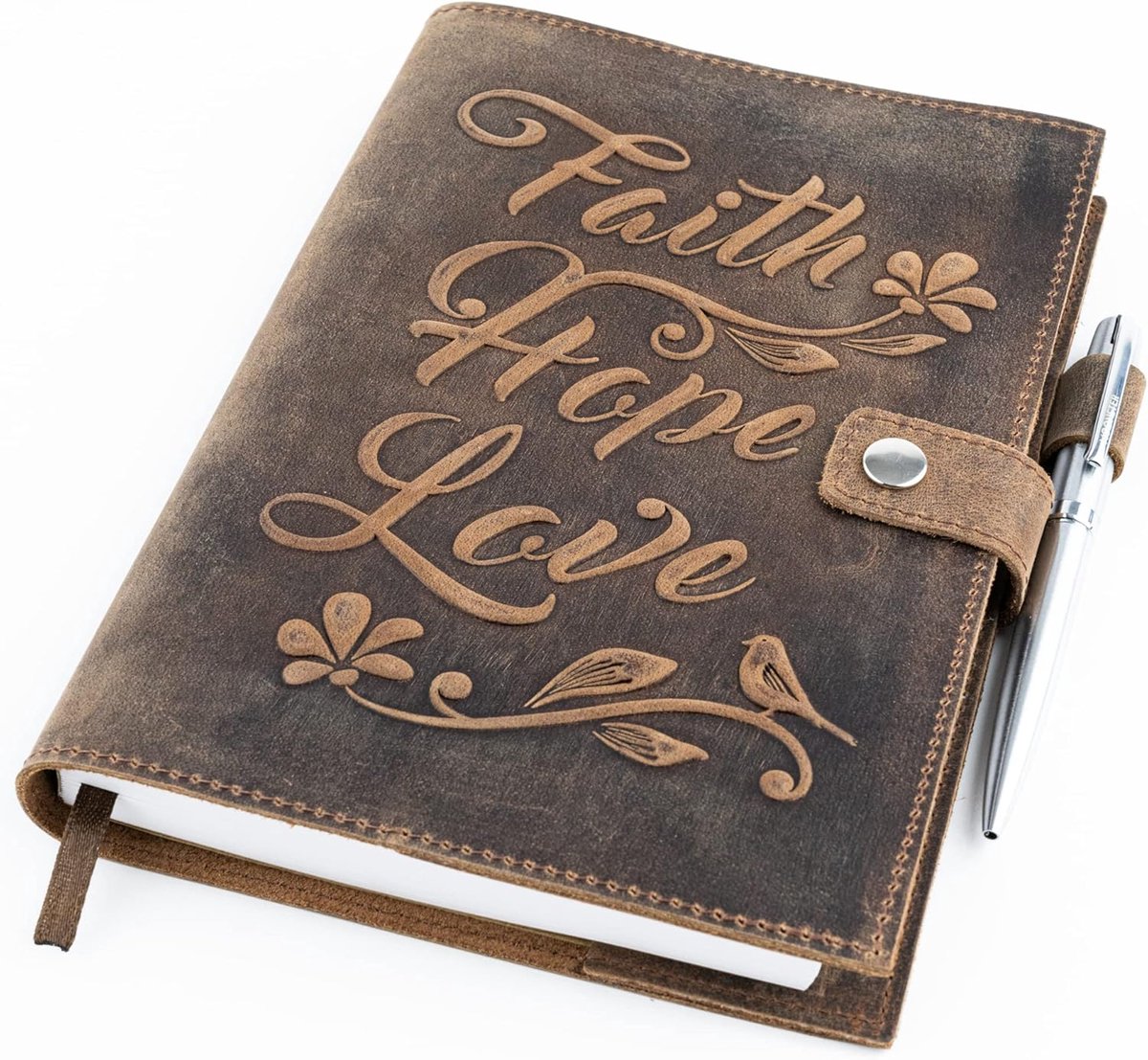SnelShoppen - Leren Dagboek - Navulbaar Notitieboek voor Dames - Bijbeldagboek in Reliëf - Gelinieerd A5 Notitieboek met Pen - Vintage Reisdagboek van