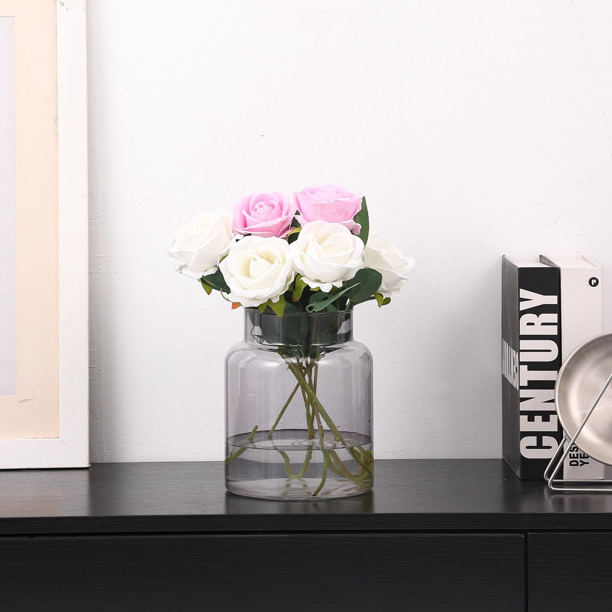 SnelShoppen - Grote glazen vaas zwart, hoge bloemenvazen met brede mond voor boeketten, 18 CM, stijlvolle decoratie voor salontafel, woonkamer, bruilo