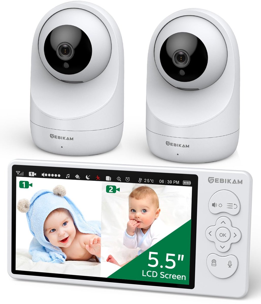 SnelShoppen - 5,5-inch Babyfoon met 2 Camera's, 720P HD Scherm, 4000mAh Batterij, PTZ 355°, VOX-modus, Nachtzicht, Tweewegcommunicatie, Intercomfuncti