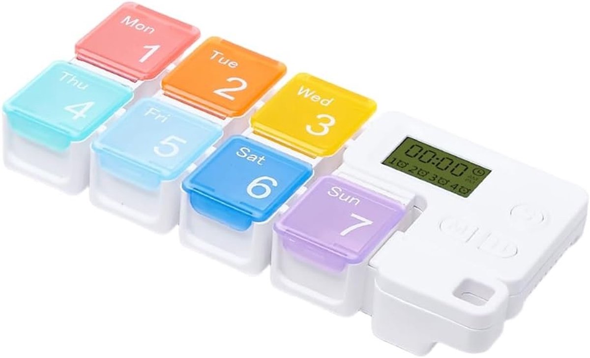 Slimme Medicijn Organizer met 4 Dagelijkse Alarmen, 7 Dagen, LCD Scherm en Geluidswaarschuwing voor Senioren, Ideaal voor Medicatiebeheer en Geheugensteun