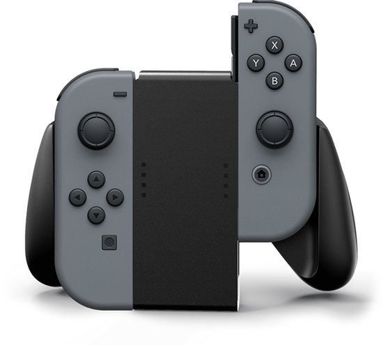 Nintendo Switch Joy-Cons in grijs en zwart op een zwarte comfortabele grip.