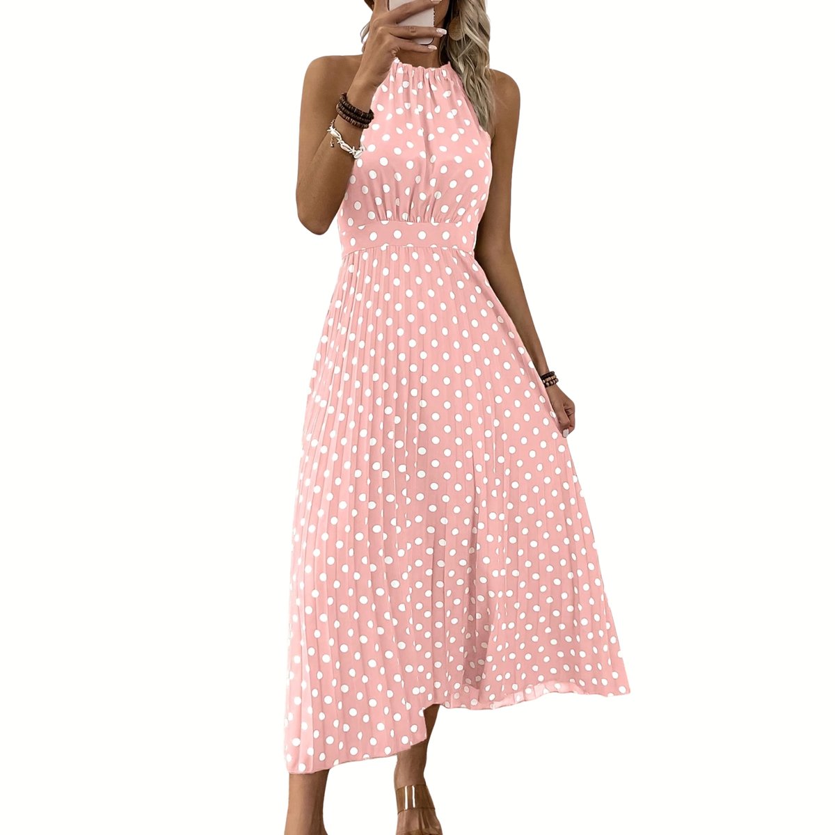 Currero Jurk Met Polkadots Stippen Zomerjurk Dames Zomerjurken Midi Jurk Volwassenen Ibiza Stijl Sundress Dress L Roze