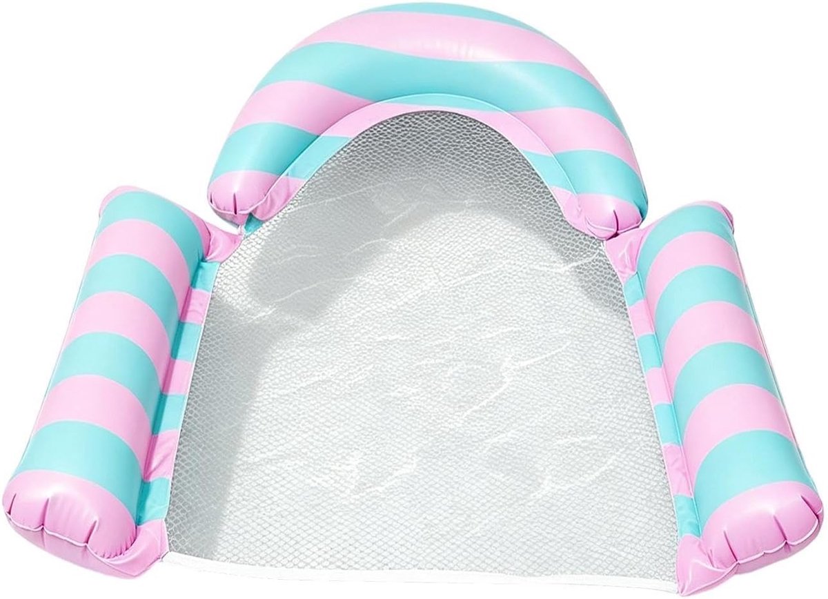 LISM-Roze en blauw gestreepte U-vormige opblaasbare ligstoel van mesh, geschikt voor volwassenen om in de zomer te gebruiken in zwembaden en op het strand.