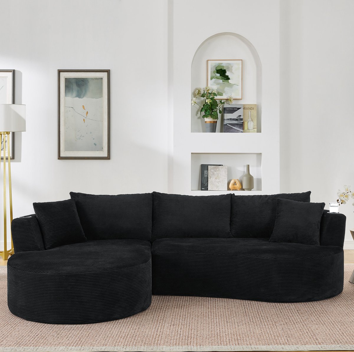 MIVRAY Hoekbank 264 x 168 x 76 cm - Gebogen Design Met Linker Chaise Longue, Bekerhouders En Kussens - Voor Woonkamer En Kantoor - Corduroy Zwart