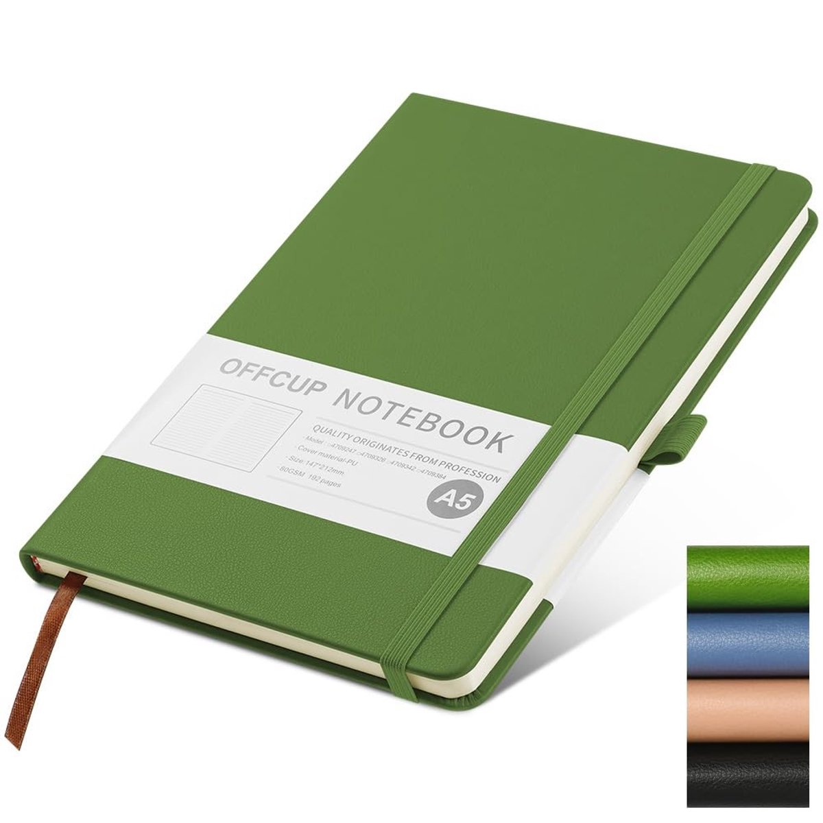 Dailygoods - OFFCUP A5 gelinieerd notitieboek, 192 pagina's, PU-hardcover, elastische band, premium 80 g/m² dik papier, dagboek voor kantoor, school, zaken, werk, schrijven, studeren, reizen - Groen