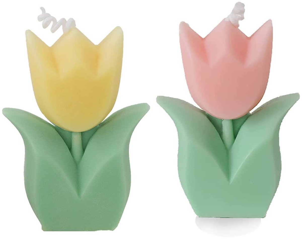 Dailygoods - 2 stuks tulpenbloemvormige kaarsen, woondecoratie esthetische kaarsen, paraffine soja funky geurkaars voor huisdecoratie foto rekwisieten bruiloft verjaardag feestcadeau (roze, geel)
